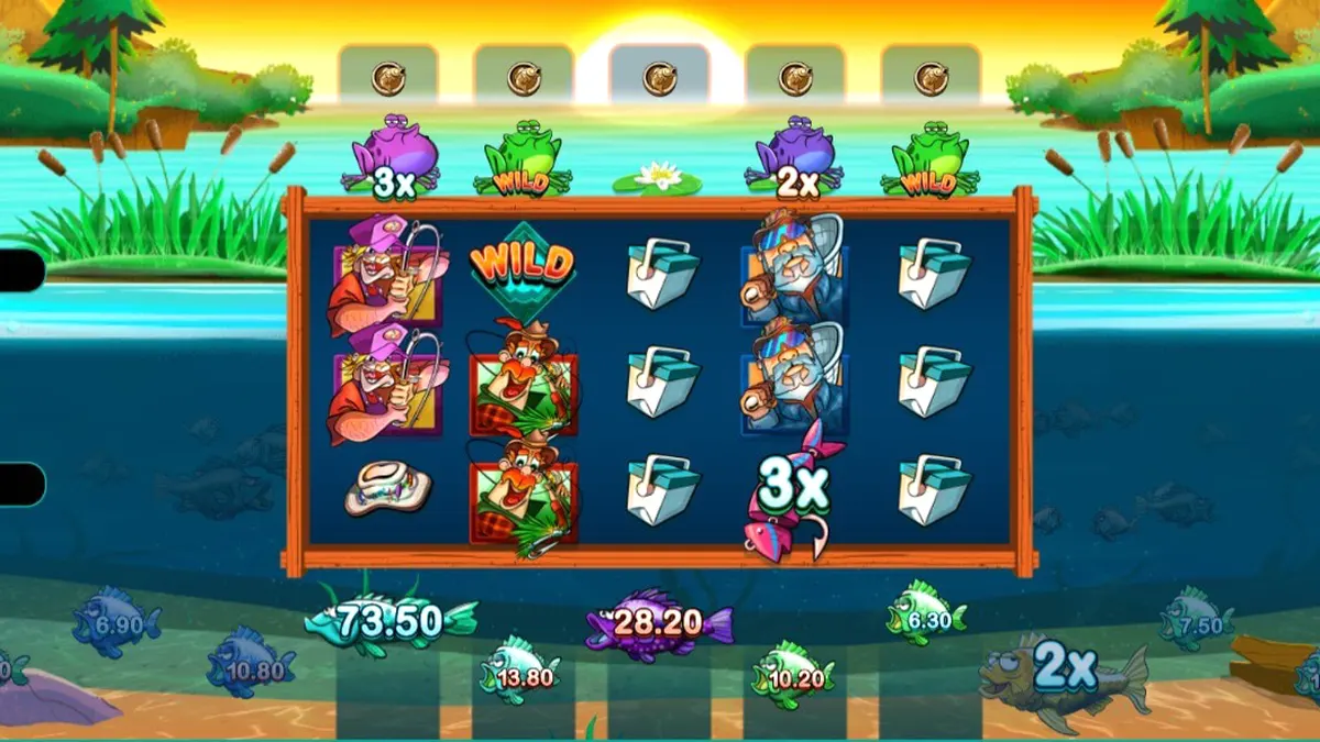 Tampilan layar permainan slot All About the Bass 2: Froggy Style dengan tema rawa kartun