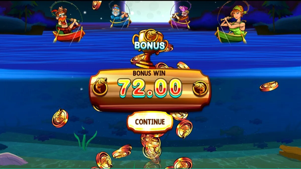 Tampilan visual slot All About the Bass 2: Froggy Style dengan tema rawa dan karakter nelayan kartun.