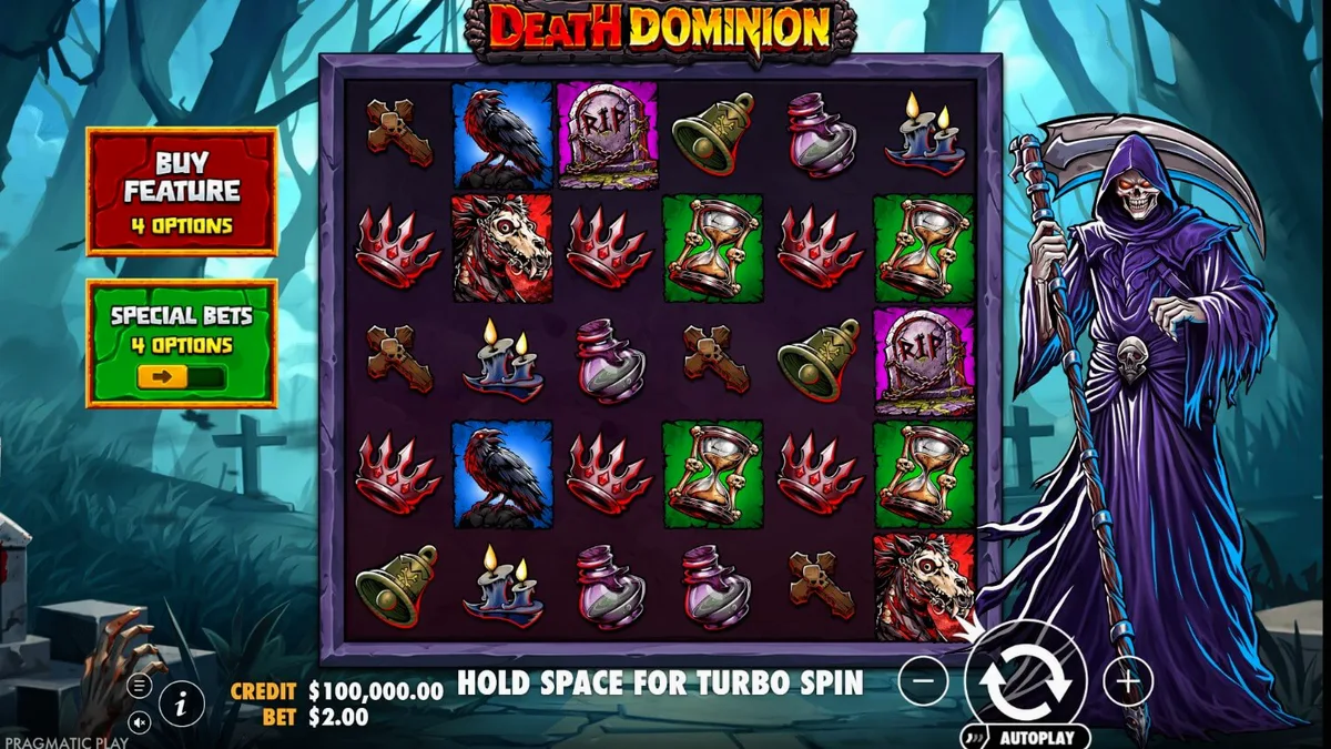 Tampilan visual slot Death Dominion dengan tema horor gotik